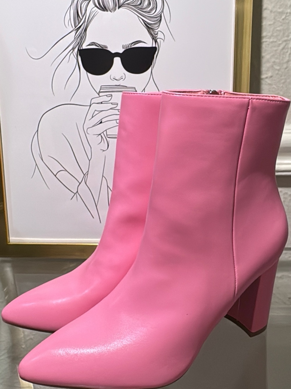 Pink Pointed Toe Block Heel Ankle Boots